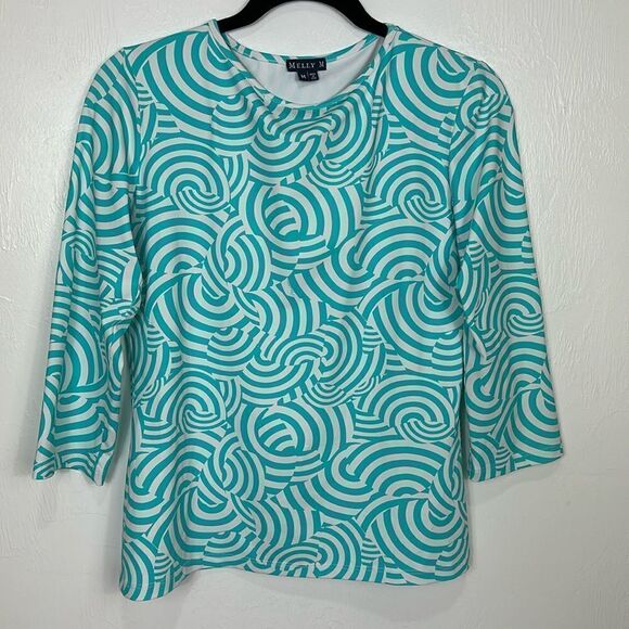 Melly M Geo Print Aqua Color Stretch 3/4 Sleeve Top Size M - Picture 1 of 10
